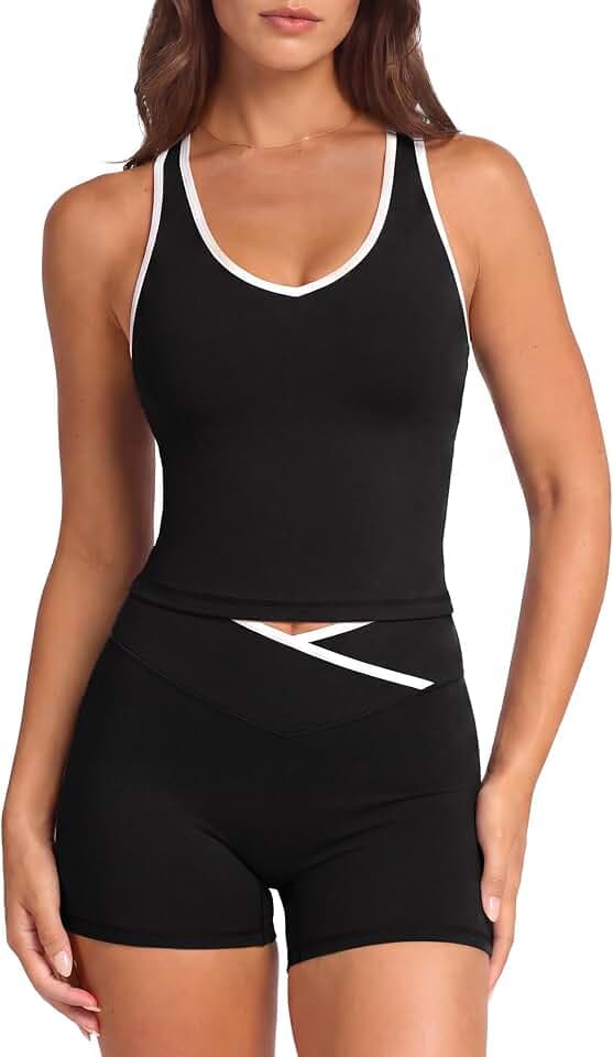 SUUKSESS Women 2 Piece Workout Sets Built in Bra Yoga Tank Top High Waisted Tummy Control Biker Shorts