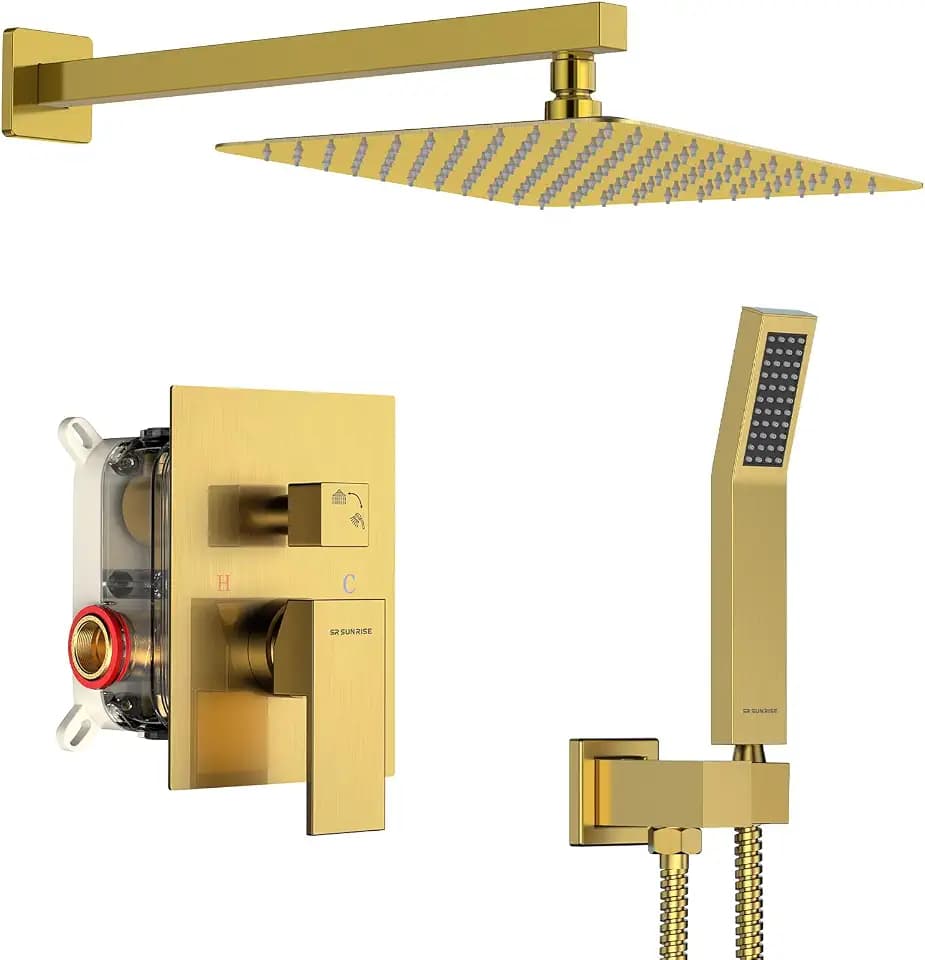 SR SUN RISE Shower Faucet Set 10-Inch Rainfall Shower Head Brushed Gold