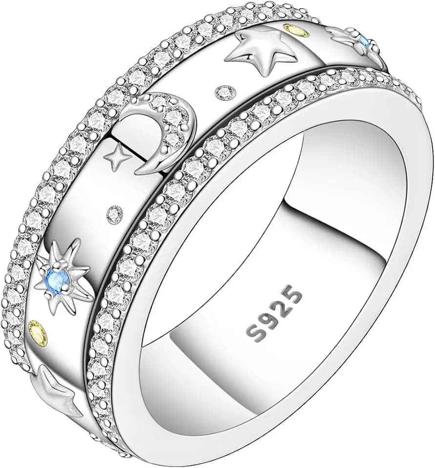 Anti Angst Spinner Ring Leuchtend Sternenhimmel Ring Silber 925 Damen Zirkonia Daumenring Fingerring Damenring für Damen Herren mit Geschenkbox 54(17.3)