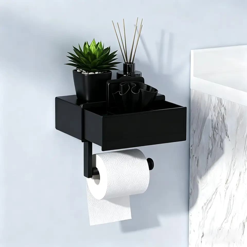 Schwarzer Toilettenpapierhalter Ohne Bohren mit Feuchttücherbox