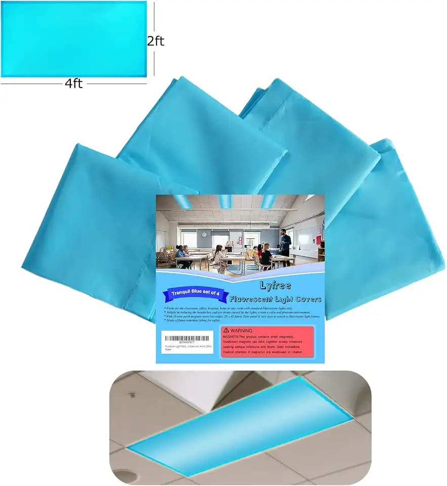 Fluorescent Light Covers, Reducing Glare Harsh Flicker, Premium Fluorescent Light Filters for Classroom, Home, Office - (4 Pack, Tranquil Blue, 4ft x 2ft)