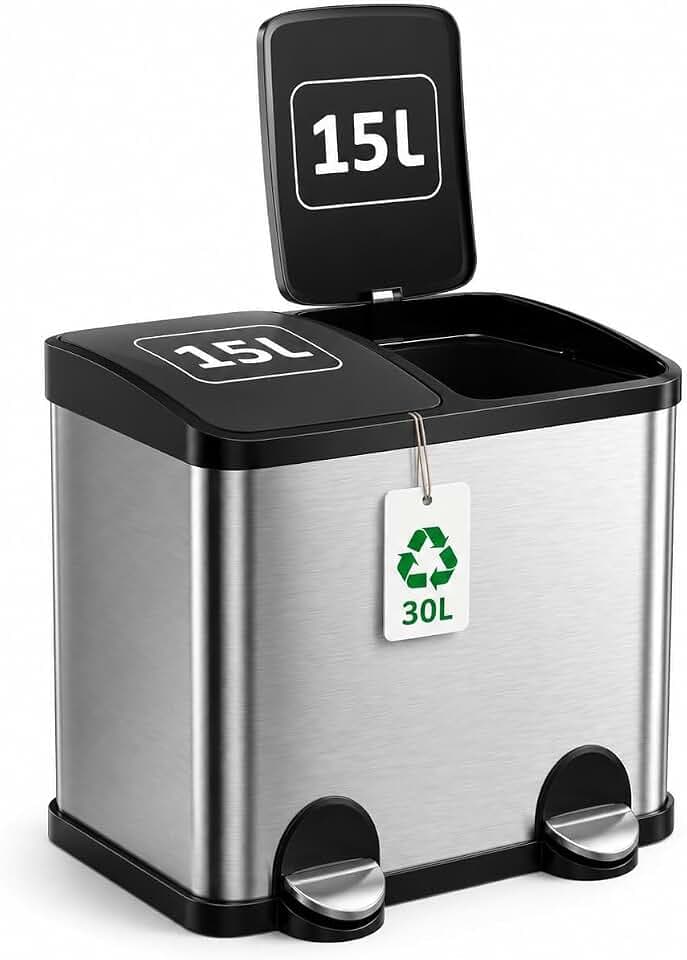Amig - Doppelter Abfalleimer Recycling Mod. RECIK2-2 x 15L - 30 Liter - Mit 2 Fächern und Öffnung mit Pedal - 48x32x40 cm - Fassungsvermögen 15 l pro Behälter - Hermetischer Deckel - Edelstahl