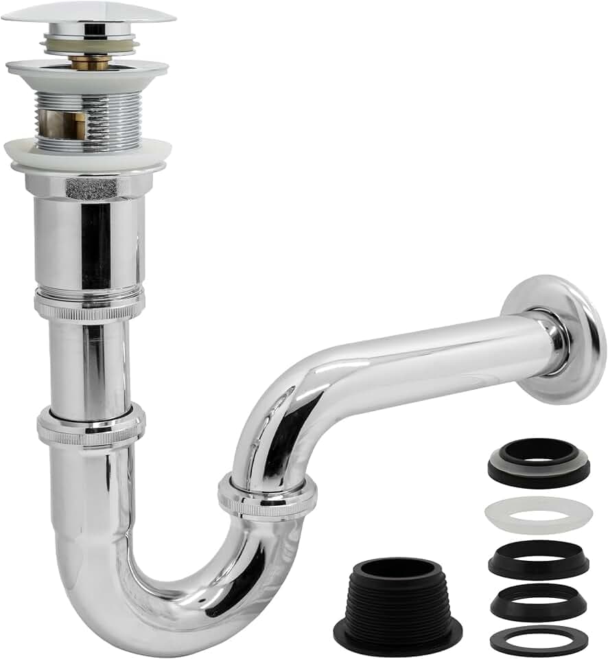 VANCOCO Waschbecken Ablaufgarnitur mit Überlauf (Chrome), Universal Siphon Waschbecken mit Pop-up Ablaufventil, Waschtisch Ablaufgarnitur aus Messing