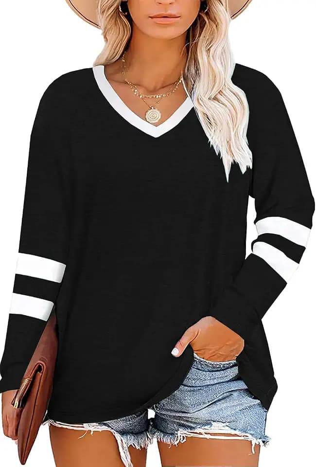 Haloumoning Womens Striped Plus Size Tops Long Sleeve Oversized Fall Shirts