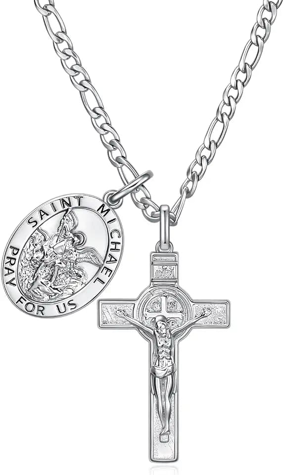 Crucifix Cross and Miraculous Medal Pendant Necklace for Men