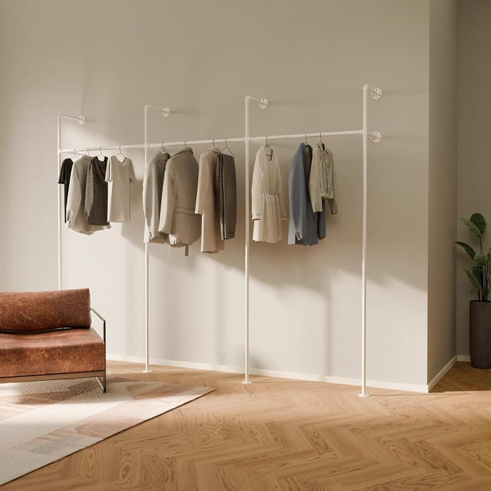 pamo White Clothing Rack Wall Mounted – 117" W × 87" H, 750 lbs