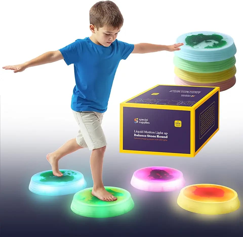 Special Supplies Liquid Gel LED Stepping Stones for Kids - Light-Up Circle Balance Blocks - Promote Coordination, Balance, Strength for Children - Durable Non-Slip Rubber, Safe Indoor & Outdoor Play - 4 Pack