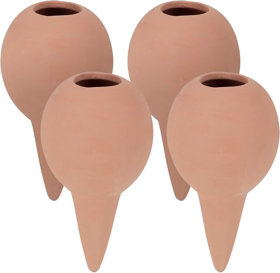 Relaxdays Tonkegel Bewässerung, 4er Set, Gießkugel für Zimmerpflanzen und Balkonkästen, H x D: 11,5 x 6 cm, terrakotta