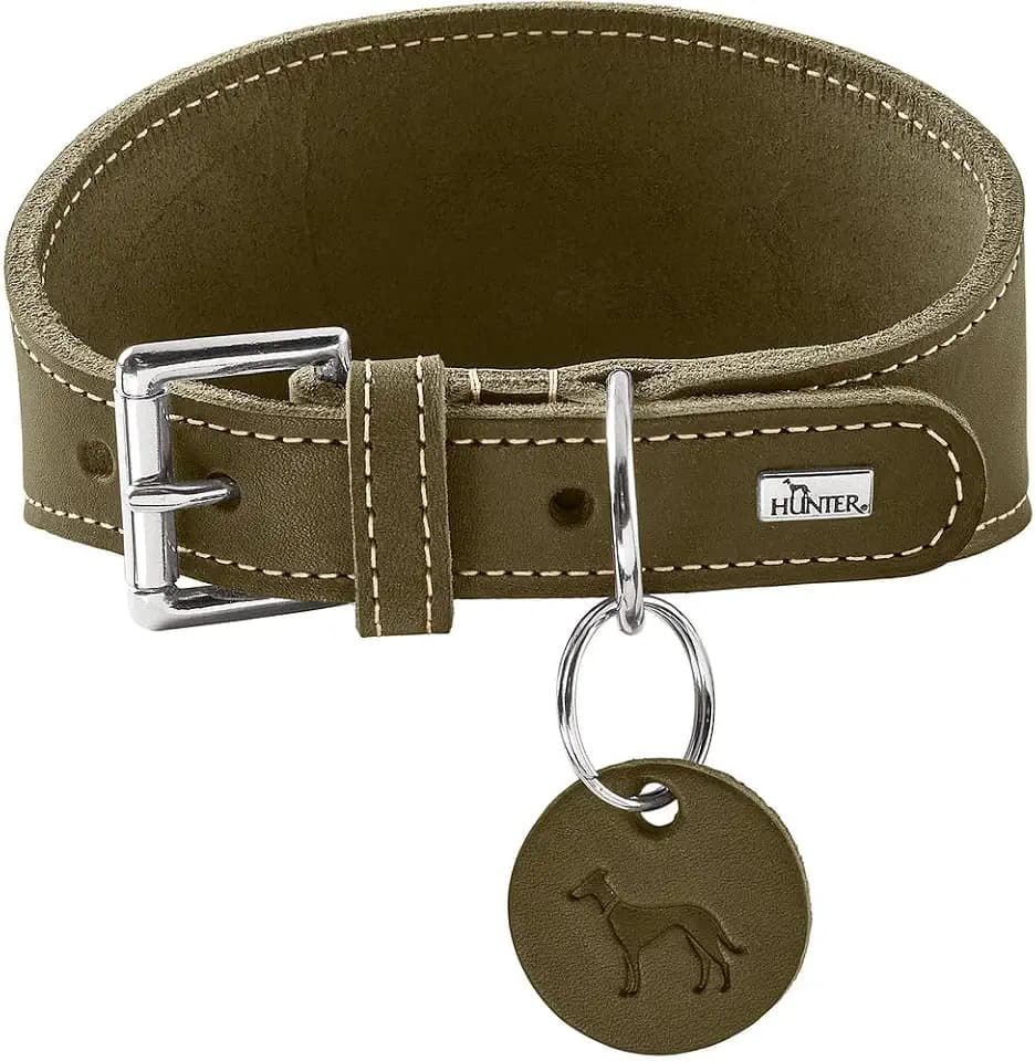 Hunter Windhundhalsband Aalborg Farbe Oliv, Robustes Softleder, ideal für Windhunde, druckverteilendes Design, Kehlkopfschonend, Made in Germany, Größe 32