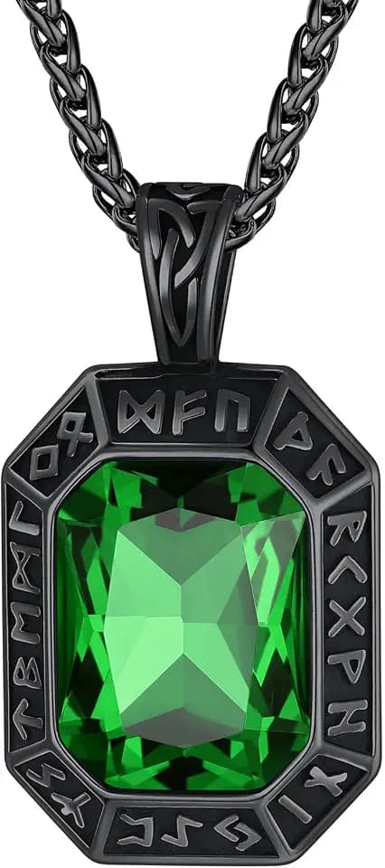 ChainsHouse Viking Rune Pendant Necklace for Men Women, Punk Biker Black Metal/316L Stainless Steel Onyx Norse Vintage Amulet Necklaces with Black/Red/Green/Blue Gemstone, Send Gift Box