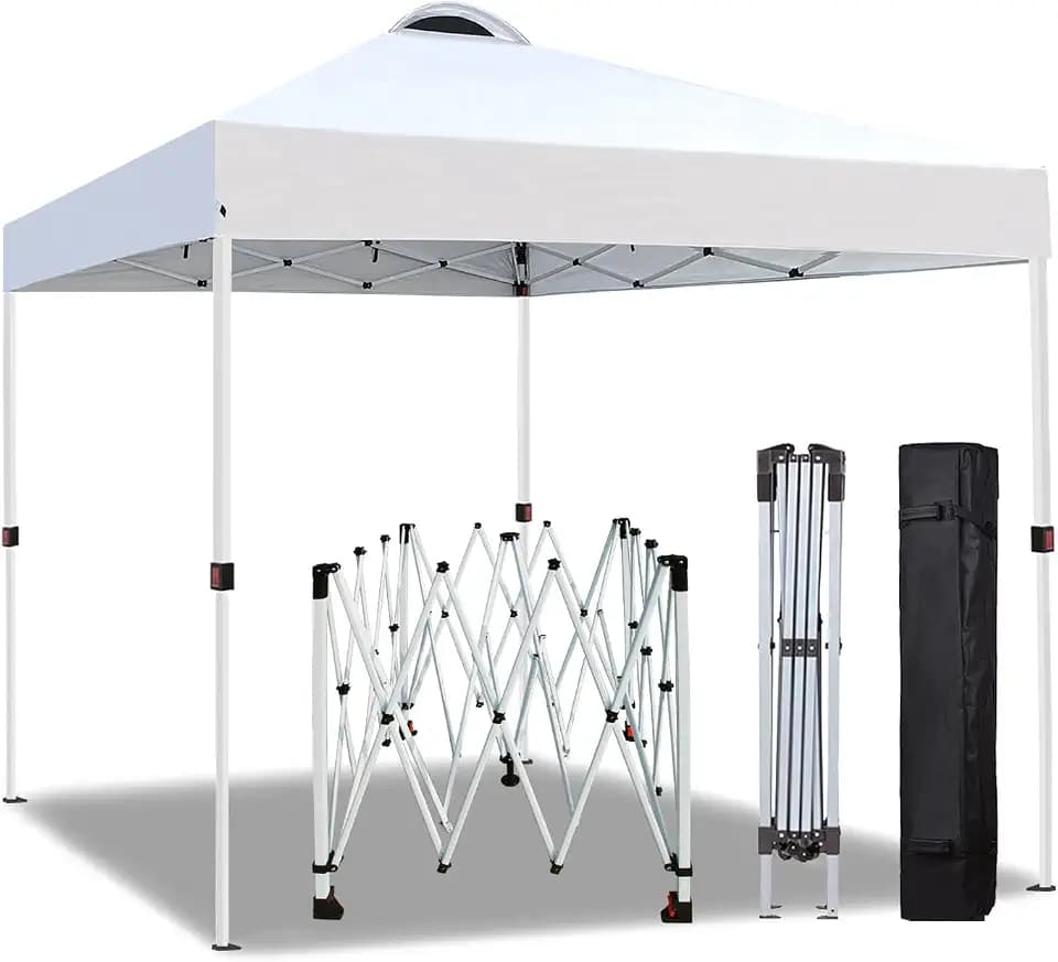 10x10 Pop Up Canopy Tent, One Push Center Lock Instant Setup Folding Shelter, High Strength Steel Frame and Handheld Carry Bag, Ground Stakes and Wind Ropes for Camping, Parties, White