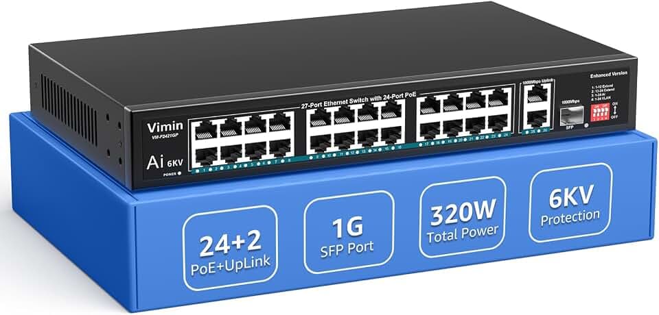 24-Port PoE-Switch mit 2 Uplink-Gigabit-Ports & 1 SFP, VIMIN 27-Port Unmanaged 10/100Mbps Netzwerk PoE-Switch mit 24 PoE-Ports, AI Watchdog, VLAN, Verlängerung 250m, unterstützt IEEE802.3af/at