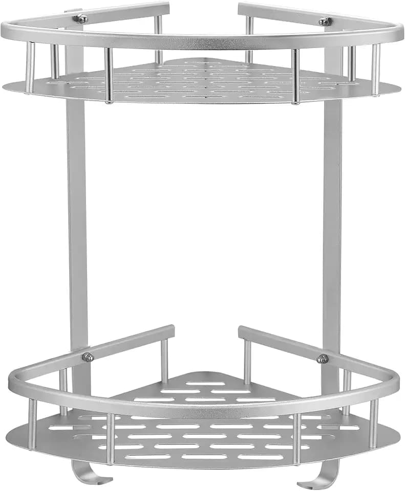 Duschkorb Ohne Bohren Ecke - Badezimmer Regal Silber - Duschregal Ecke Badezimmer Organizer, Duschkörbe mit Stark Kleber, Aluminium Eckregal Bad 2-Tier Duschablage Ohne Bohren
