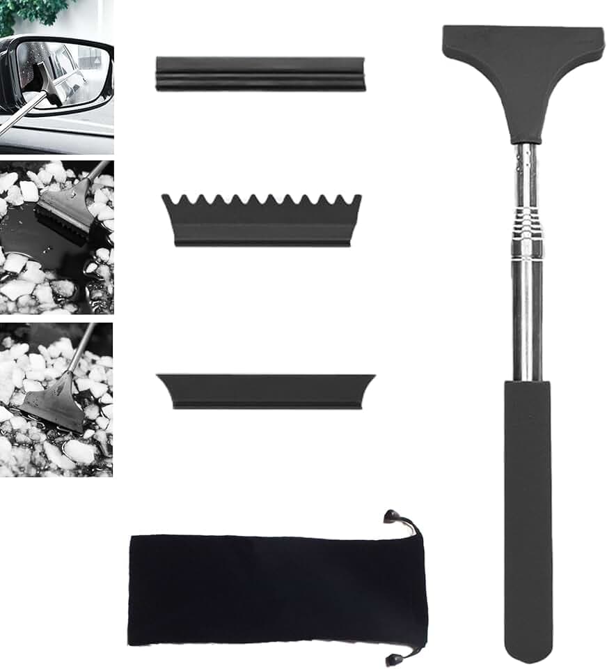 Telescopic Rearview Mirror Wiper with Replaceable Heads, Black Car Squeegee for Water, Ice & Snow Removal, Rear View Mirror Accessories with Storage Bag