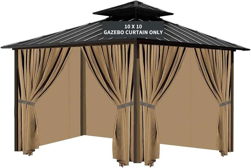 Gazebo Universal Replacement Privacy Curtain, 10'X10' Gazebo Curtain Outdoor Waterproof, 4-Panels Sidewall Curtains with Zipper for Patio, Garden and Backyard (Only Curtains, 10'x10', Brown)