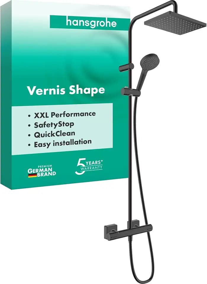 hansgrohe Vernis Shape - Duschsystem mit Thermostat, Regendusche (230 x 170 mm) mit Armatur, Handbrause (2 Strahlarten), Schlauch, Brausestange und eckiger Kopfbrause, Mattschwarz, 26286670