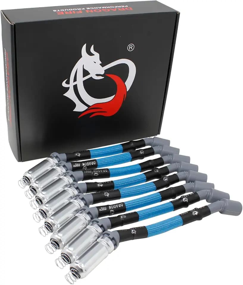 DRAGON FIRE PERFORMANCE 10.5" 500 ohm/ft Blue Sleeved Spark Plug Wires Compatible with 2000-2019 GM Silverado, Tahoe, Suburban, GMC Sierra, Yukon, Cadillac Escalade, Various V8 OEM Fit PWJ256-BLS