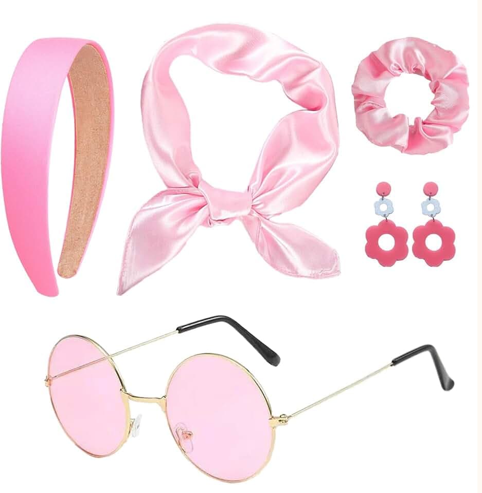 5 Pcs 60s 70s Women Hippie Disco Costume Accessories Set with Headband Earrings Sunglasses Silk Scarf
