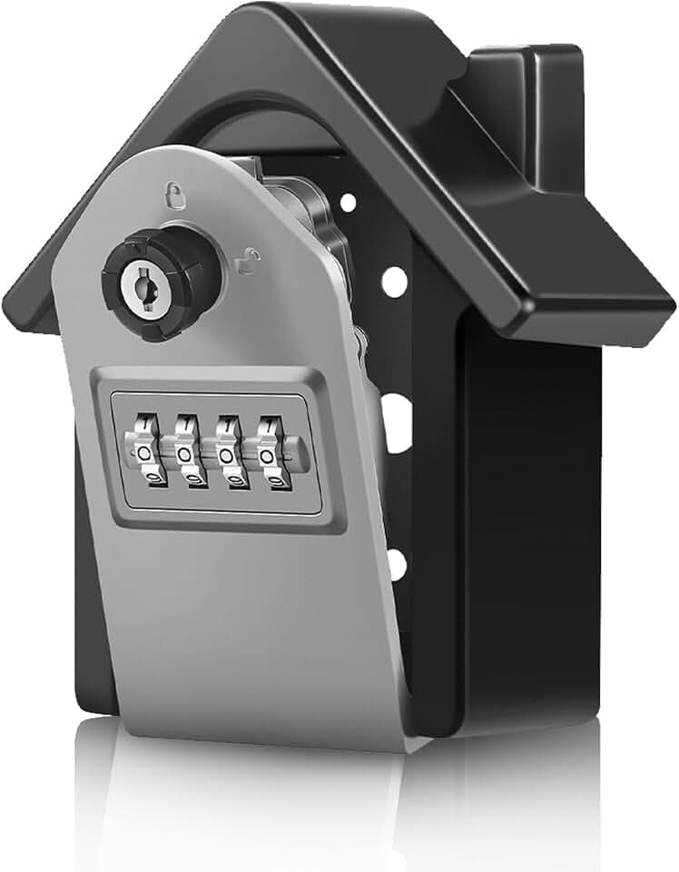 Flexzion Key Box Wall Mount With Code - House Shape Wall Mounted Lockbox for Keys - 4 Digit Code Combination Lock Box for Security - Key Lock Box for Outdoor