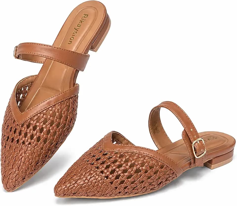 Mules for Women Pointed Toe Woven Flats with Adjustable Strap Dressy Shoes