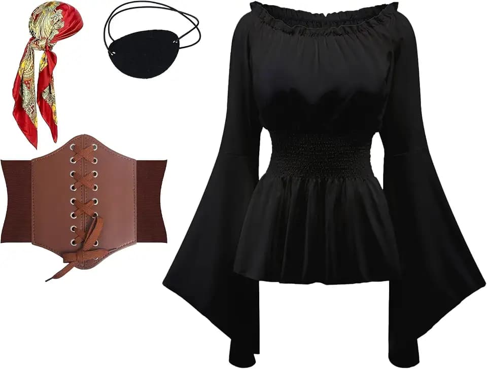 4 Stück Piratenkostüm Damen-Piraten Kostüm Frauen-Mittelalter Bluse Damen mit Korsett Gürtel,Pirate Accessories-für Halloween Karneval
