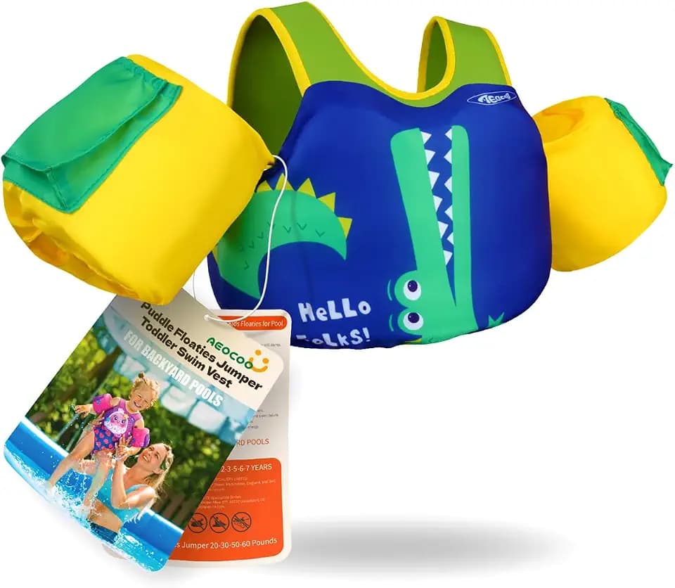 AEOCOO Puddle Float Jumper 20-30 Pounds, Toddler Swim Vest for 18Months-2Years Old, Pool Floats with Swimming Arm Floaties Swim Jacket with Water Wings for Kids Swimmies, Boys, Girls, Niños, Crocodile