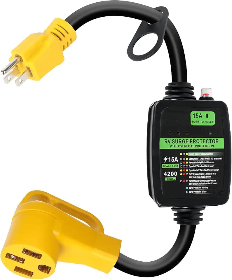 NEMA 5-15P to 14-50R RV Adapter Cord with Overload Protection, 15 Amp Household Male Plug to 50 Amp Female Receptacle RV Circuit Analyzer with Surge Protector, for Camper Travel Trailer