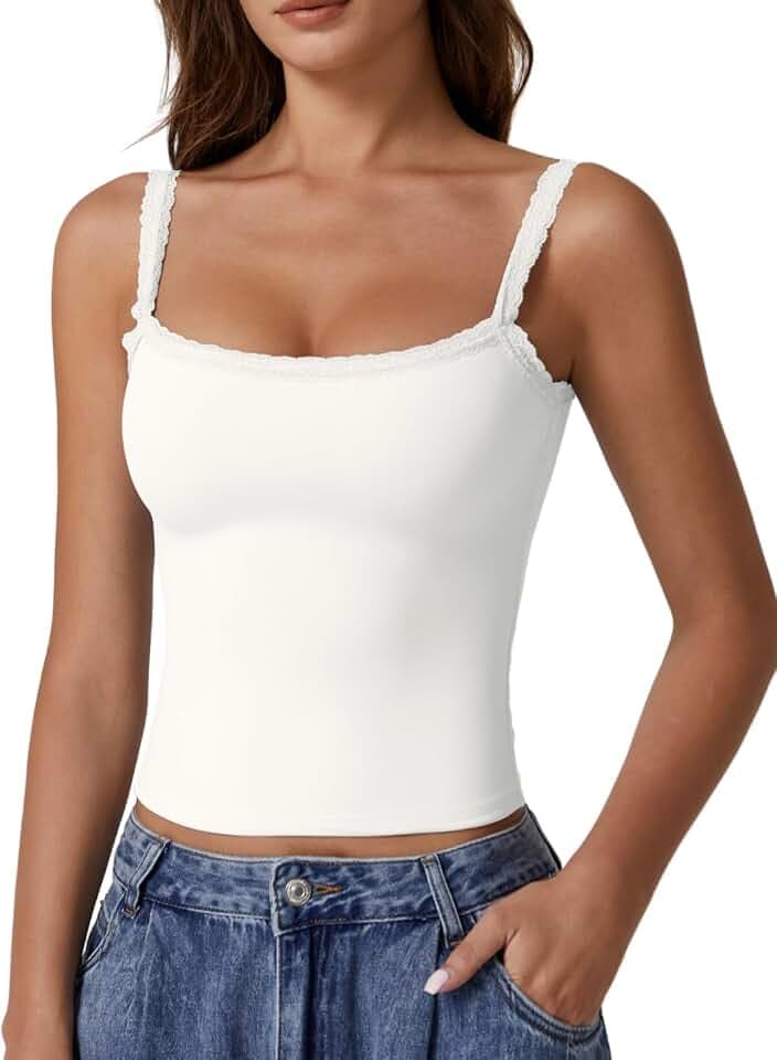 QINSEN Womens Square Neck Lace Trim Tank Top Double Lined Slim Fitted Y2k Going Out Camisole Shirts