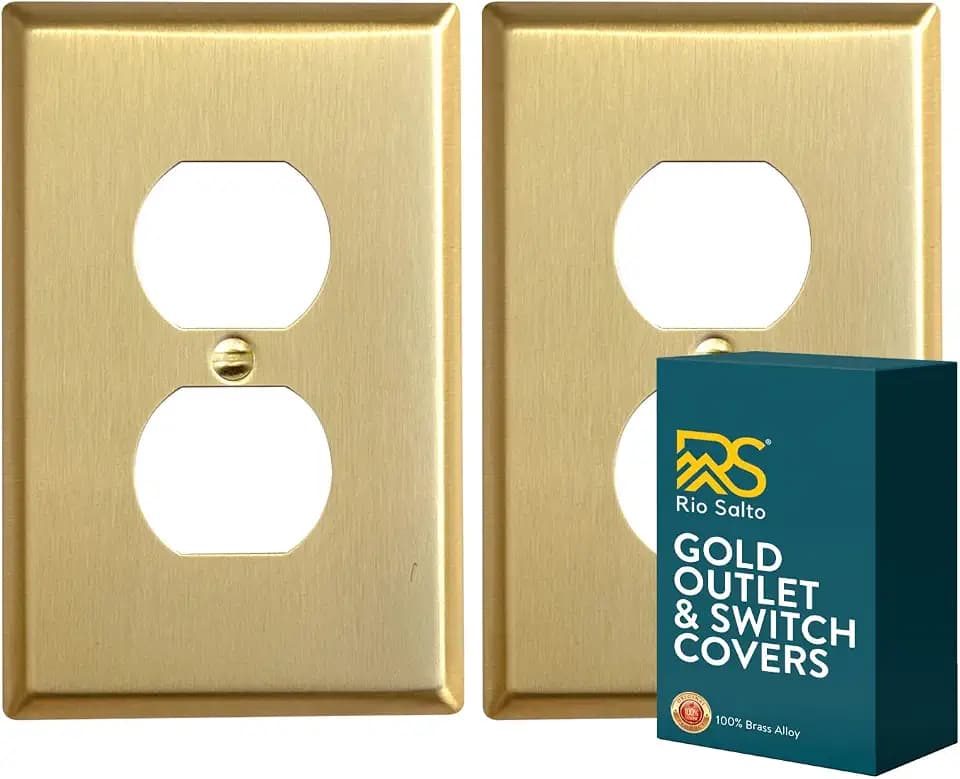 Rio Salto BRASS Decorative Brushed Brass Gold Outlet Covers Duplex Outlet Cover Receptacle Wall Plate 2 Pack Premium Wall Plate Covers — Signature Collection, Midsize 4.94" x 3.13"
