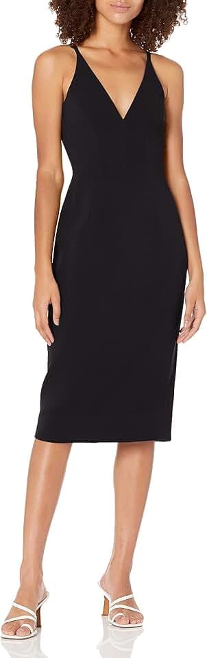 Dress The Population Womens Lyla Plunging Sleeveless Fitted Midi Sheath Dress