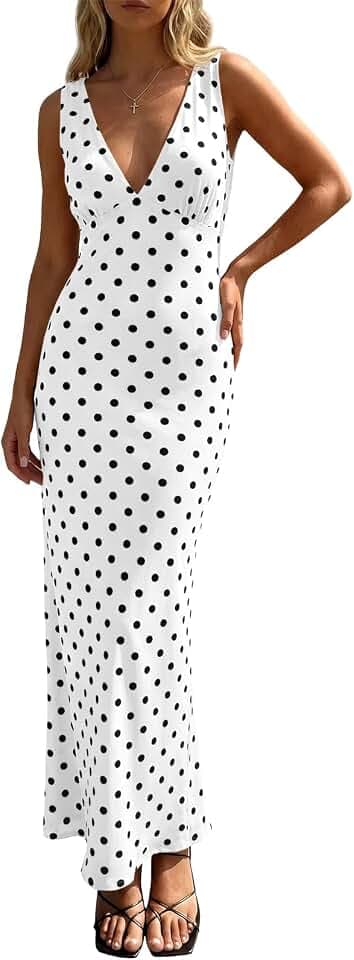 Wenrine Womens Summer Polka Dot Maxi Dress Mesh V Neck Wedding Guest Dress