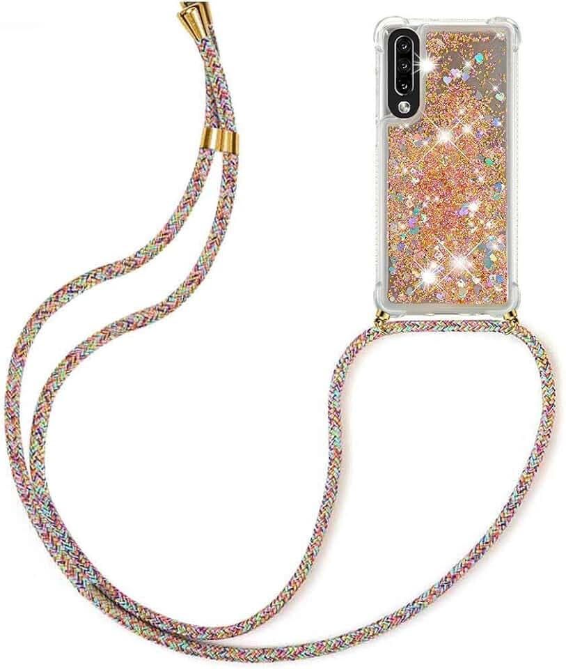Handykette Hülle kompatibel mit Samsung Galaxy A50/A30S/A50S mit Band zum Umhängen, Glitter Handyhülle Flüssig Treibsand, Handyhülle Stoßfest Silikon Transparent Hülle mit Kette,Golden
