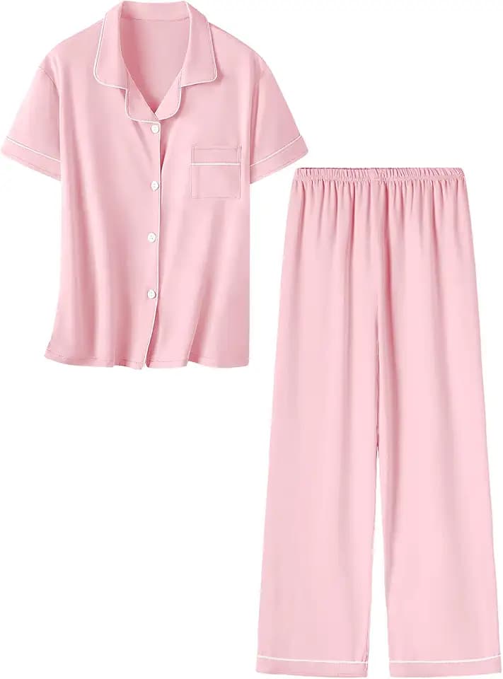 Umeyda Girls Pajamas Set Button Down Notch Collar Soft Short Sleeve Pjs Set with Long Pant Set Lounge Set