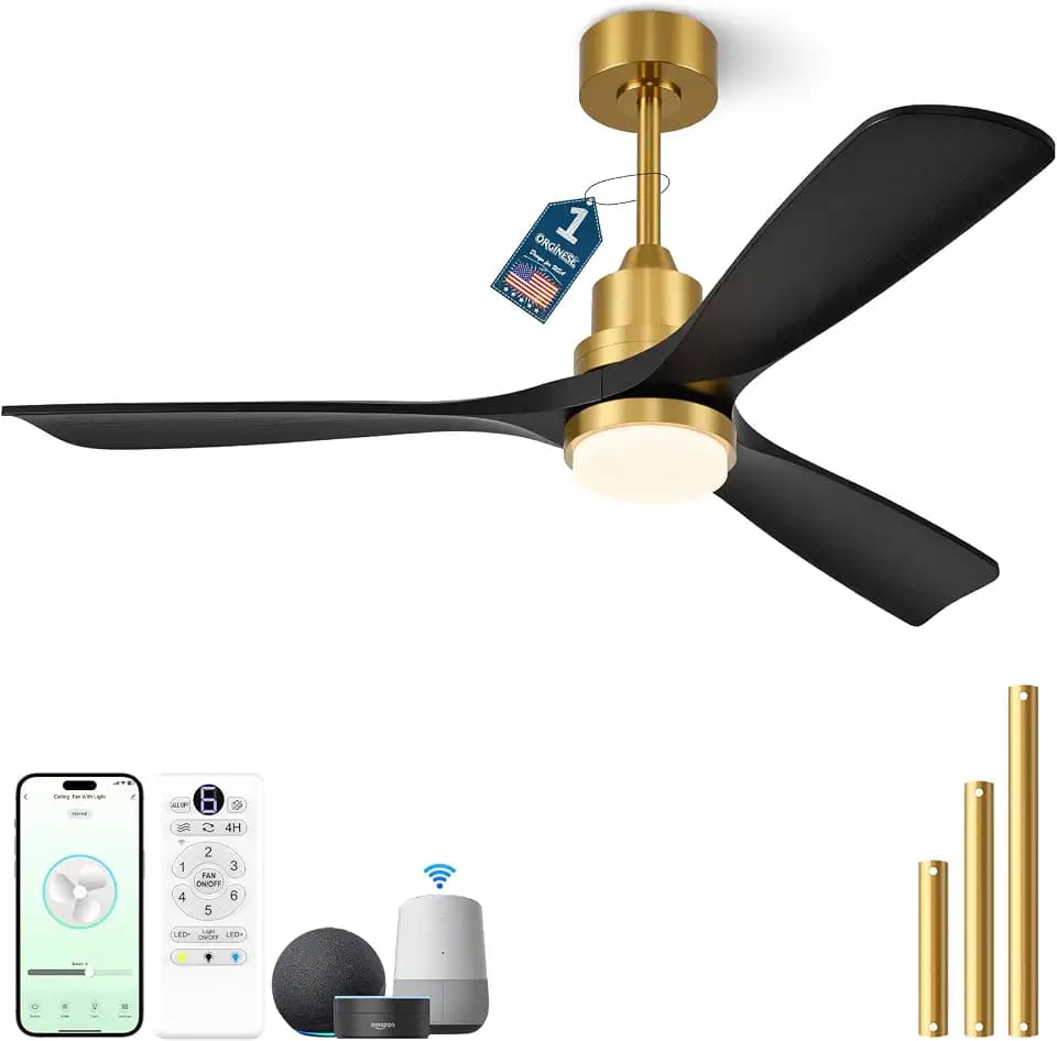 60 inch Smart Ceiling Fan with Lights,Outdoor Ceiling Fan 3 Wood Blades Compatible with Alexa/Gg Voice Control&App&Remote,Quiet DC Motor for Covered Patio Porch Bedroom,Black and Gold
