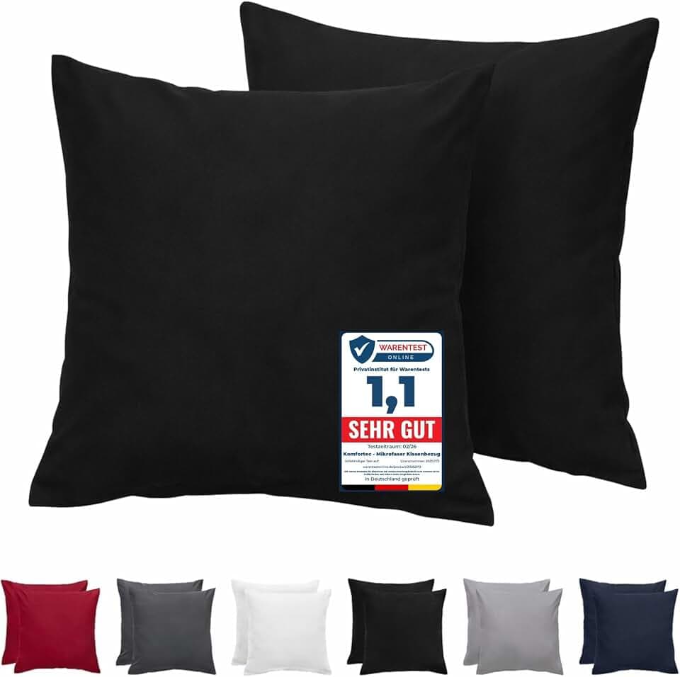 Komfortec Kissenbezug 2er Set - 100% Mikrofaser, Weich & Atmungsaktiv, mit Reißverschluss - Kopfkissenbezug - Waschbar & Pflegeleicht - Schwarz - 80 x 80 cm