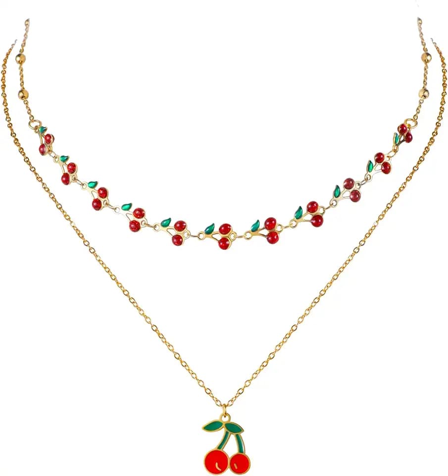 Jojomina Cherry Necklace for Women Layered Summer Jewelry Accessories 2PCs
