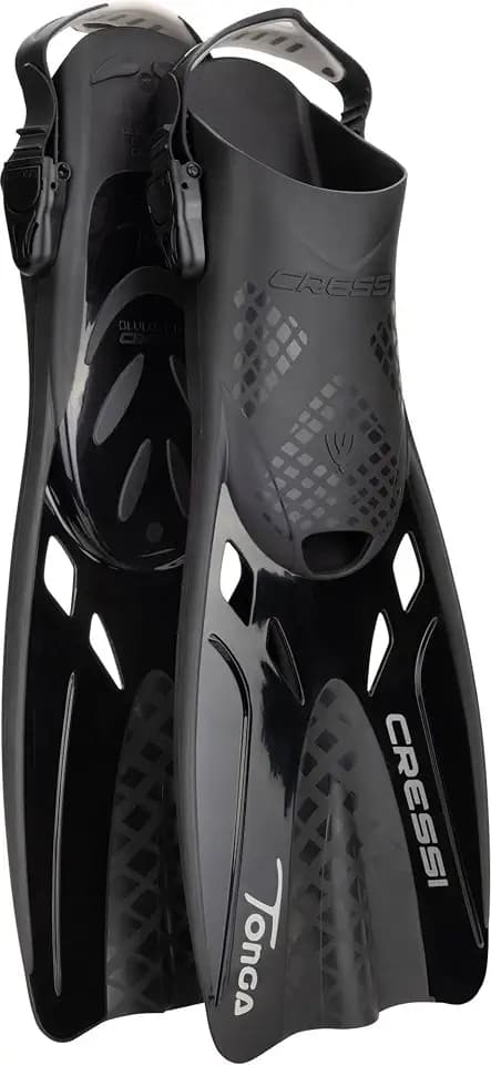 CRESSI Tonga Fins/Set - Leichte Verstellbare Kurze Flossen oder Set Kurze Flossen + Vollgesichtsmaske Baron mit breitem Sichtfeld , perfekt zum Schnorcheln, Schwimmen, Erwachsene