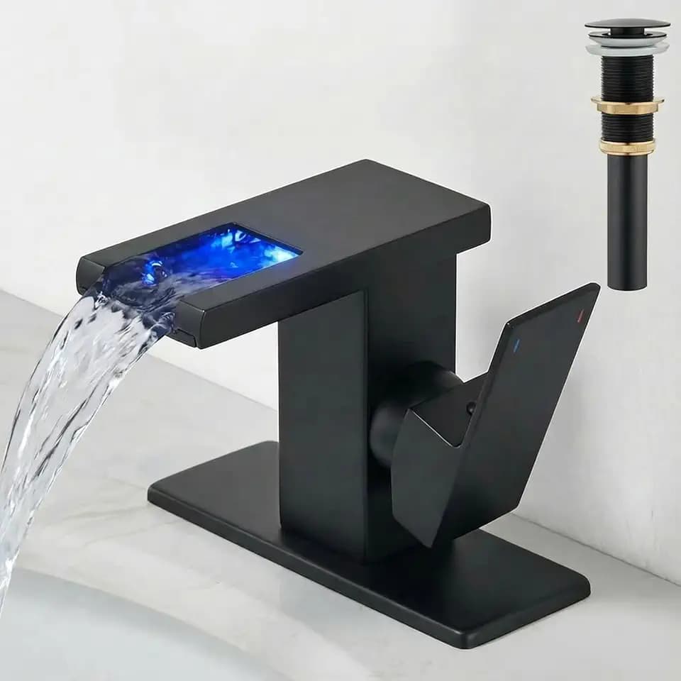 AVSIILE LED Bathroom Sink Faucet, Matte Black Waterfall, Side Handle
