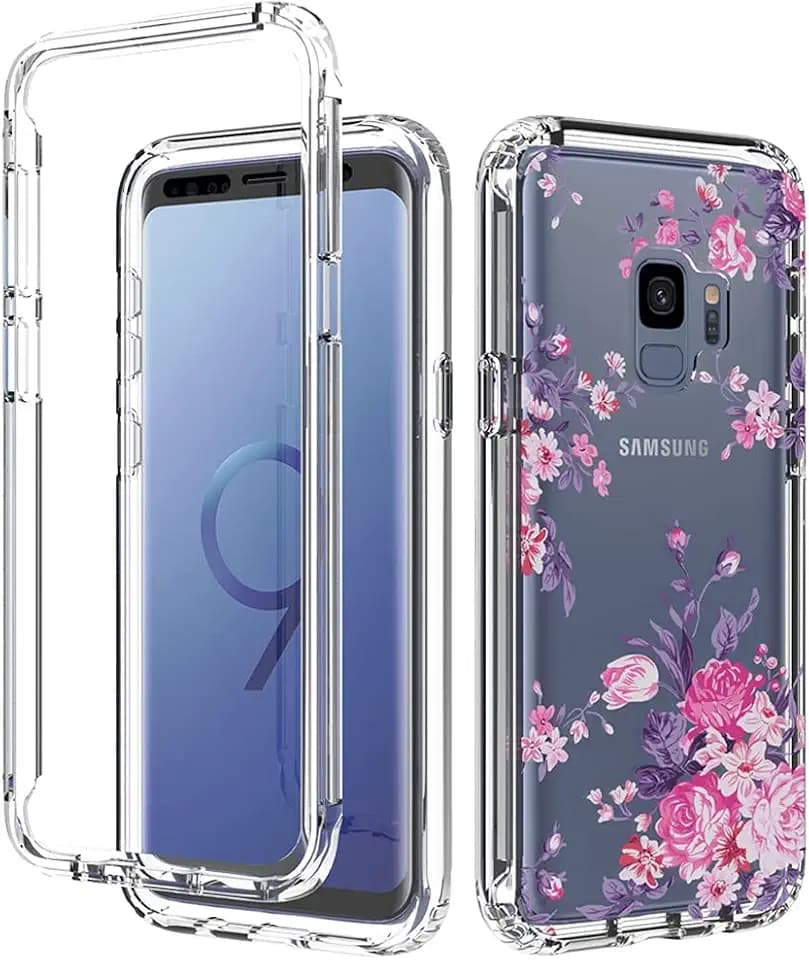 Handyhülle für Galaxy S9, Samsung S9 Hülle, Transparente Blumen-TPU-Schutzhülle 2-in-1 Vollschutz-Set mit Stoßfestigem Rahmen Schutzhülle für Samsung Galaxy S9 Rosenblume
