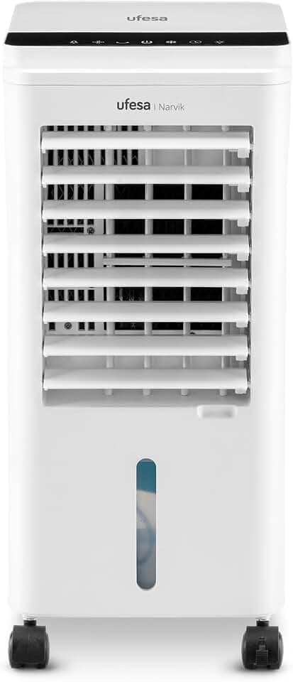 Ufesa Narvik Verdunstungskühler, 65W, Kühlfunktion und Ventilator, 3 Geschwindigkeiten, 3 Modi, Touchpanel, 5L Wassertank, 12h Timer, Waschbarer Filter, 2 Kühlakkus, Fernbedienung