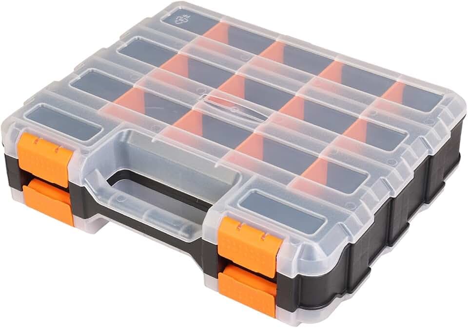 Jack Boss Tool Box with Transparent Lid, Double Side 34-Compartments Organizer Box with Removable Dividers for Hardware, Screws, Bolts, Nails, Beads, Jewelry and Fishing Accessories, Orange, 1 Pack