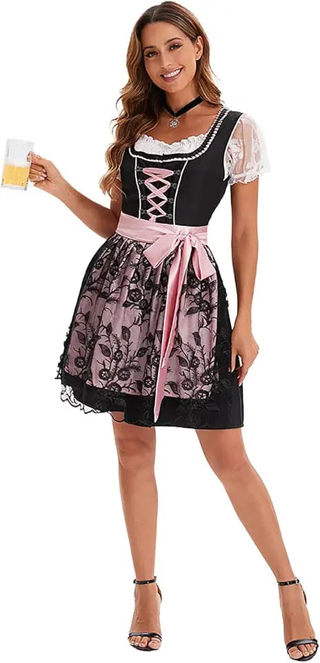 Dirndl Damen midi Trachtenkleid Damen Dirndlkleid mit Spitze Trachtenmode inkl. Dirndlbluse Dirndlschürze 3 teilig für Oktoberfest Karneval