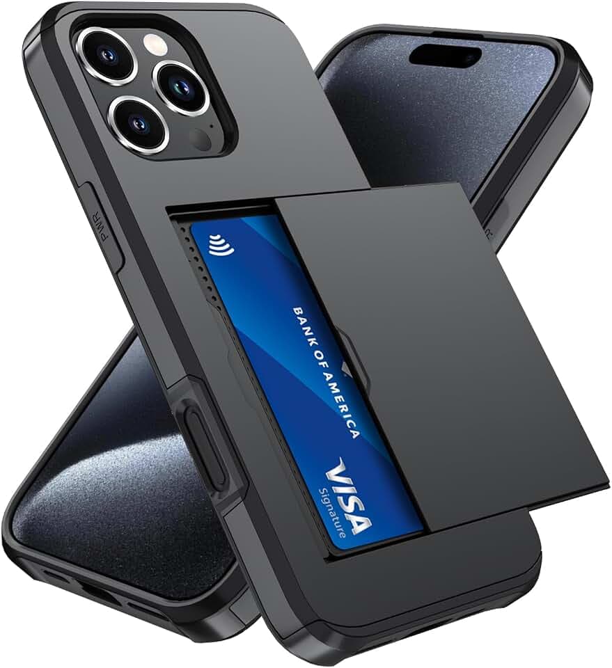 Qinmay Compatible with iPhone 15 Pro Case with Card Holder, Dual Layer Shockproof,Heavy Duty Protective Hidden Slot Slim Wallet Phone Cover，Black