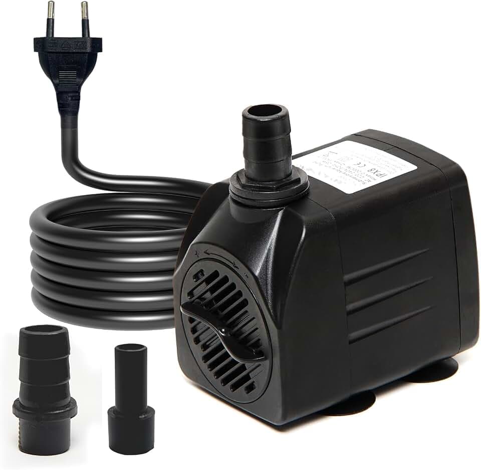 Wasserpumpe Klein Tauchpumpe, Mini Wasserpumpe Springbrunnenpumpe (450L/H, 8W) mit 4,6ft Stromkabel 2 Düsen, Aquarium Pumpe Teich Wasser Pumpe für Fischbecken, Hydrokultur