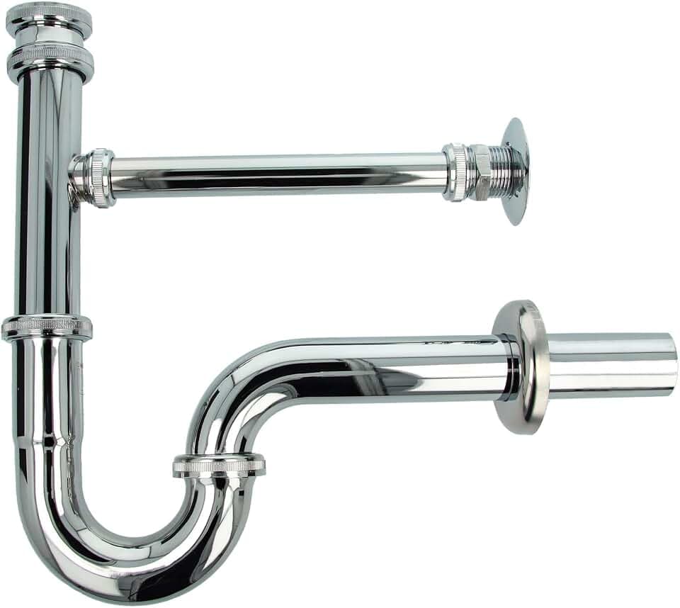 tecuro - Röhrengeruchsverschluss Siphon, mit Leckwasseranschluss, Anschluss 1 1/4 Zoll, inkl. Wandrosette Ø 65 mm, Messing, Hochglanz verchromt