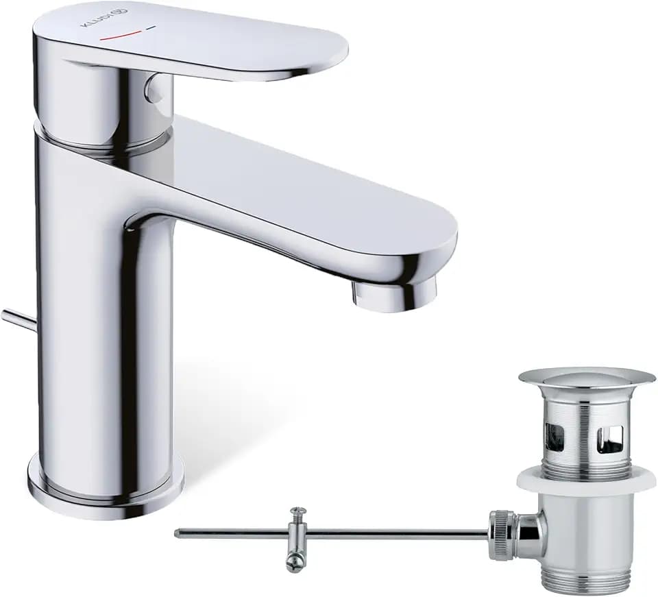 KLUDI-X1 Wasserhahn Bad Chrom mit Zugstangen-Ablauf, wassersparende Waschtischarmatur Größe M, Auslaufhöhe 95 mm, Keramikkartusche, Mischbatterie Waschbecken inkl. Anschlussschläuche, Kaltstart