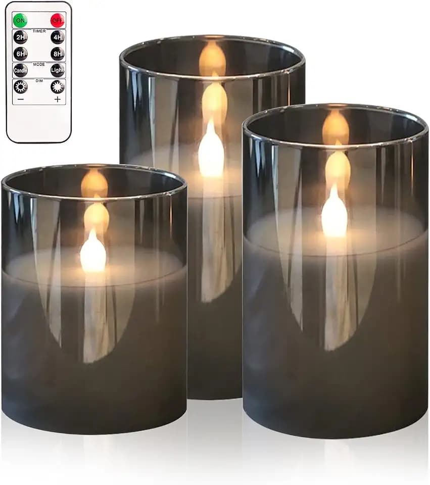 HIYAA Flammenlose LED-Kerzen, graues Glas, batteriebetrieben mit realistischem, warmem Licht und Flacker-Effekt, perfekt für Hochzeitsfeiern und Weihnachtsdekoration