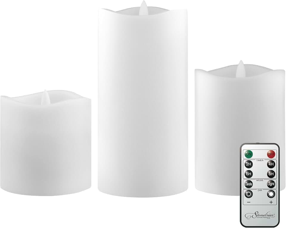 Stonebriar LED Pillar Candles — Remote & Timer, Real Wax Flameless Candles for Home Décor, Weddings & Events, Pack of 3, White, Assorted Sizes
