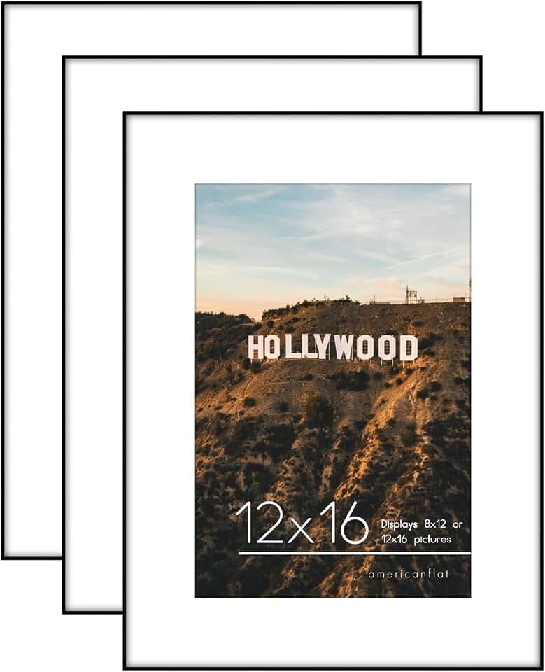 Americanflat 12x16 Picture Frame 3-Pack - Matted to 8x12 - Black