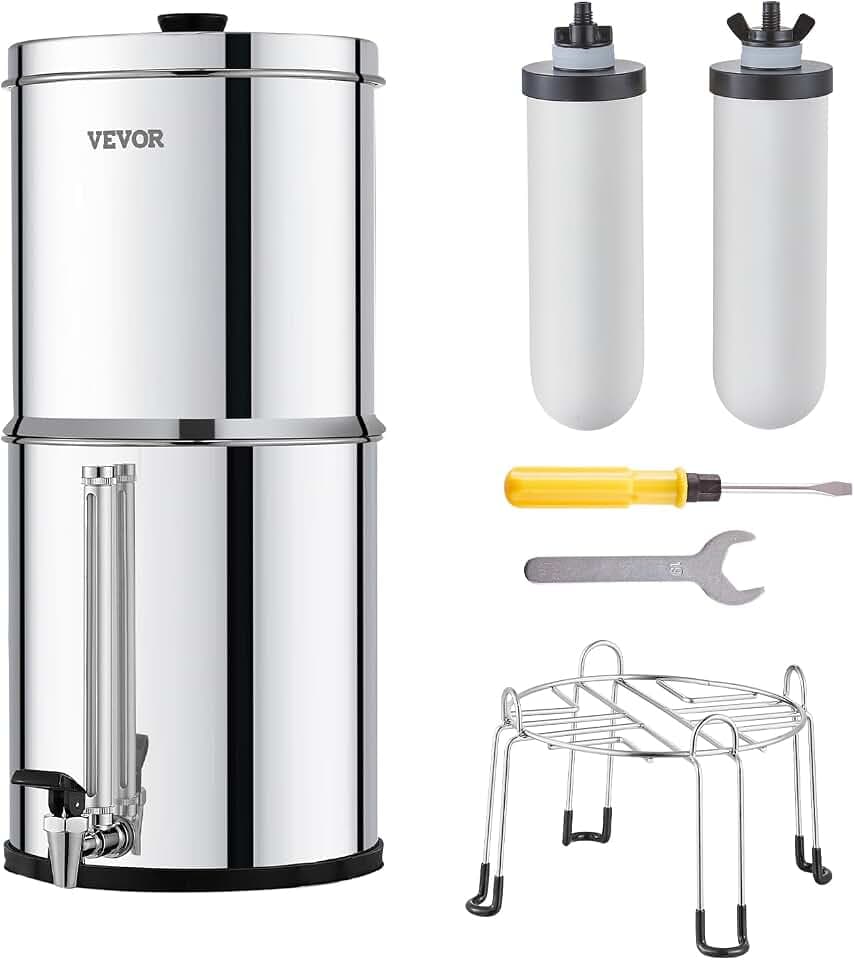 VEVOR Schwerkraft Wasserfiltersystem Edelstahl Arbeitsplattensystem 7,8+8,5L Wasserfiltrationssystem, reduziert Blei und bis zu 99% Chlor, mit 2 Keramik-Kohlefiltern & Zapfhahn, Camping Wohnmobil